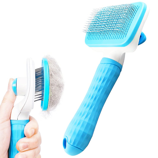 Self-cleaning brush for removing pet hair, hair removal brush for cats and dogs, pet grooming accessories.