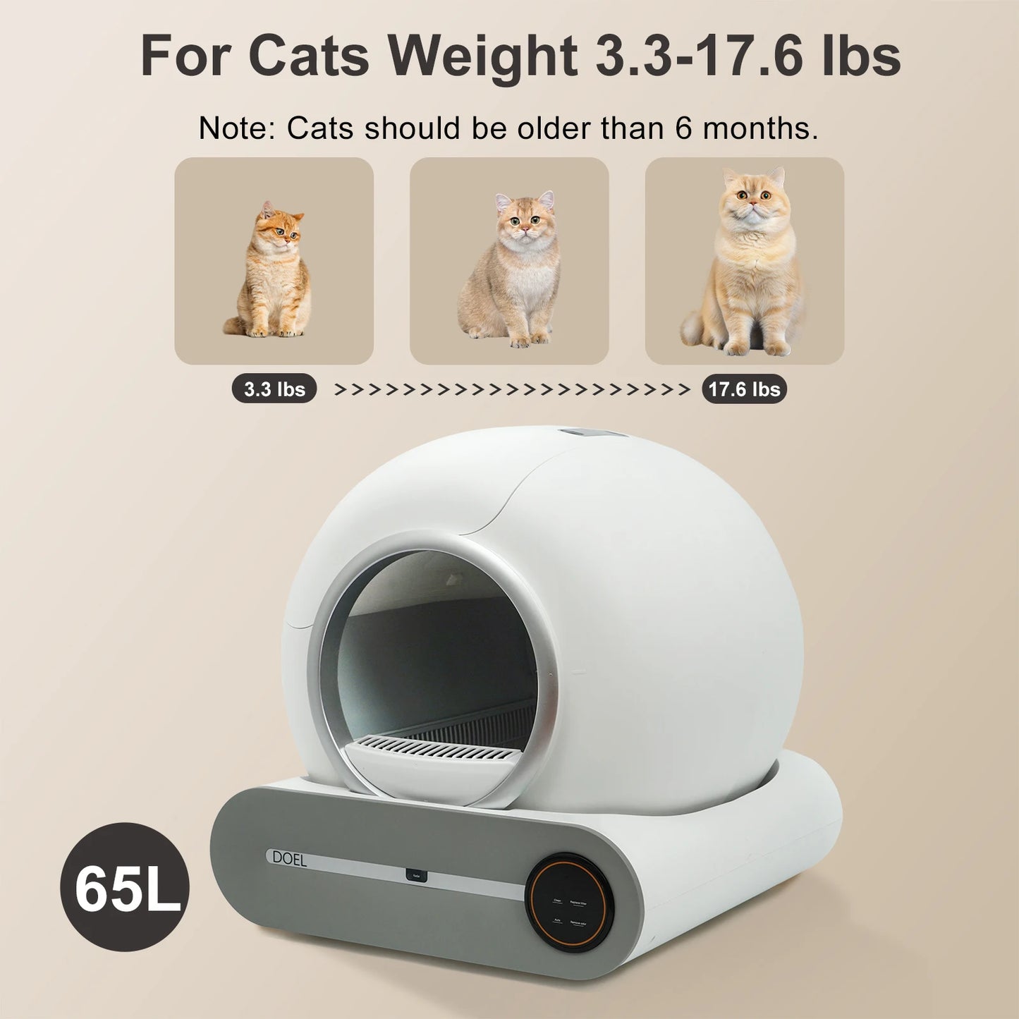 Caixa de areia para gatos autolimpante DOEL 65L App Control 2.4G WiFi