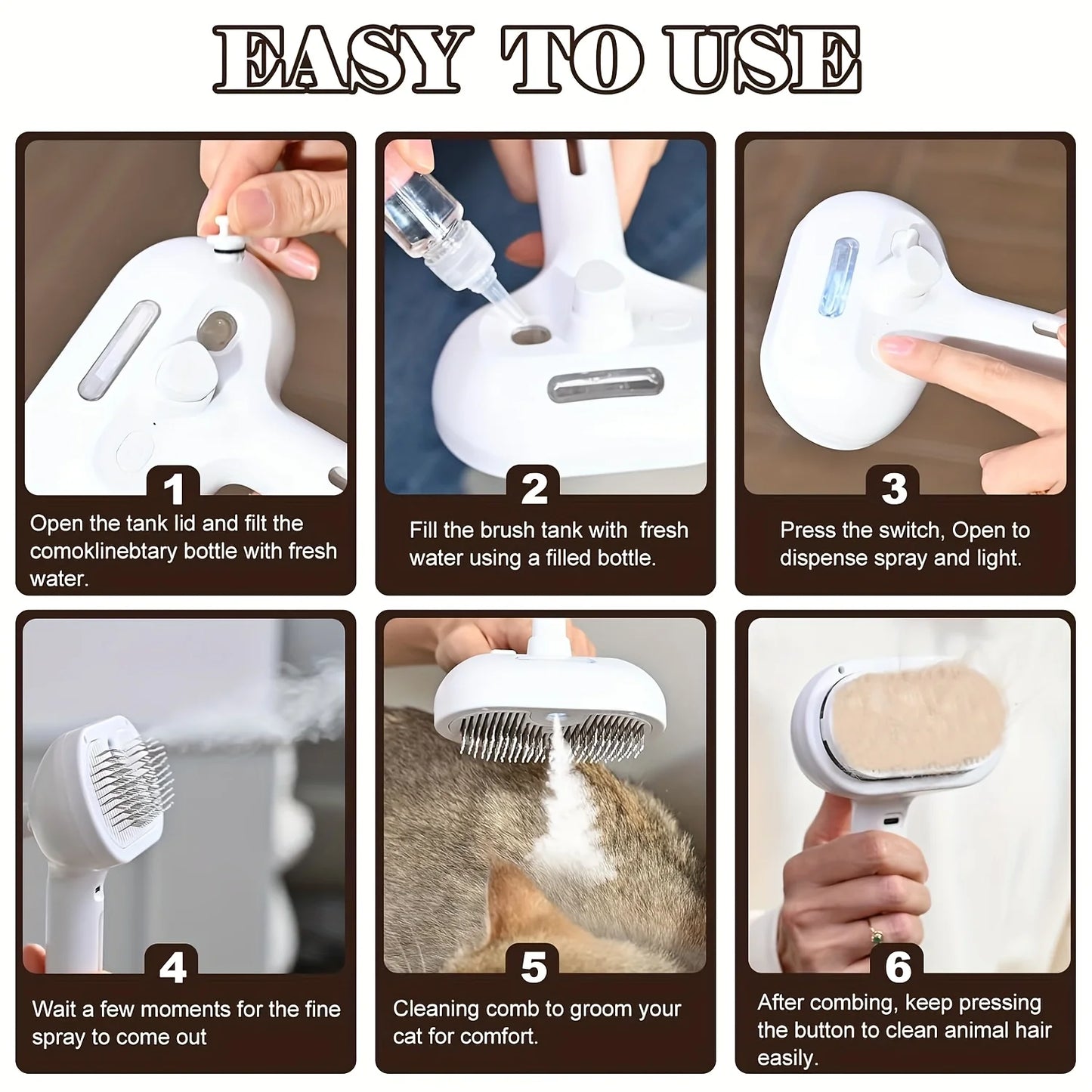 Escova Premium antiestática e de sucção para cães e gatos, recarregável através de USB-C