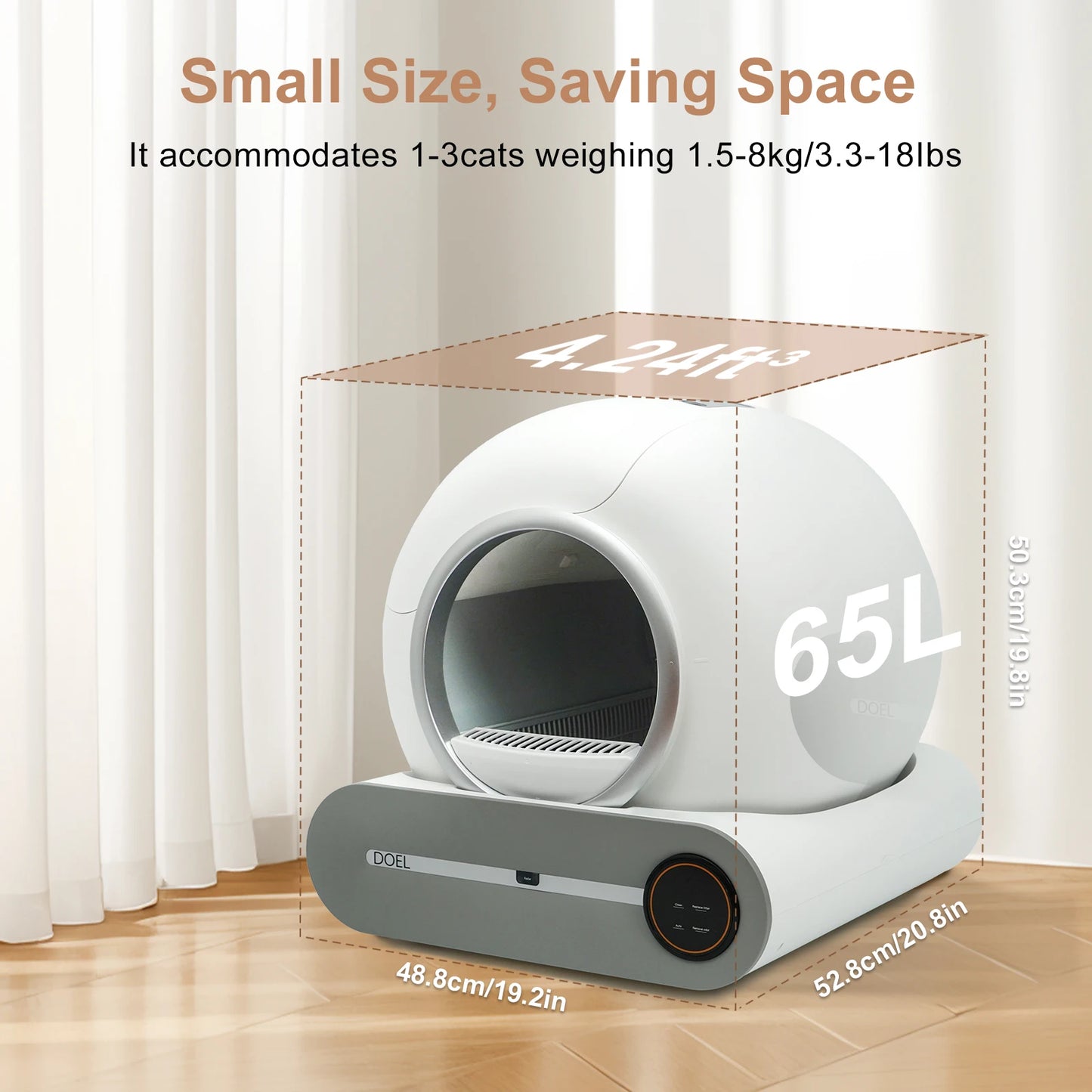 Caixa de areia para gatos autolimpante DOEL 65L App Control 2.4G WiFi