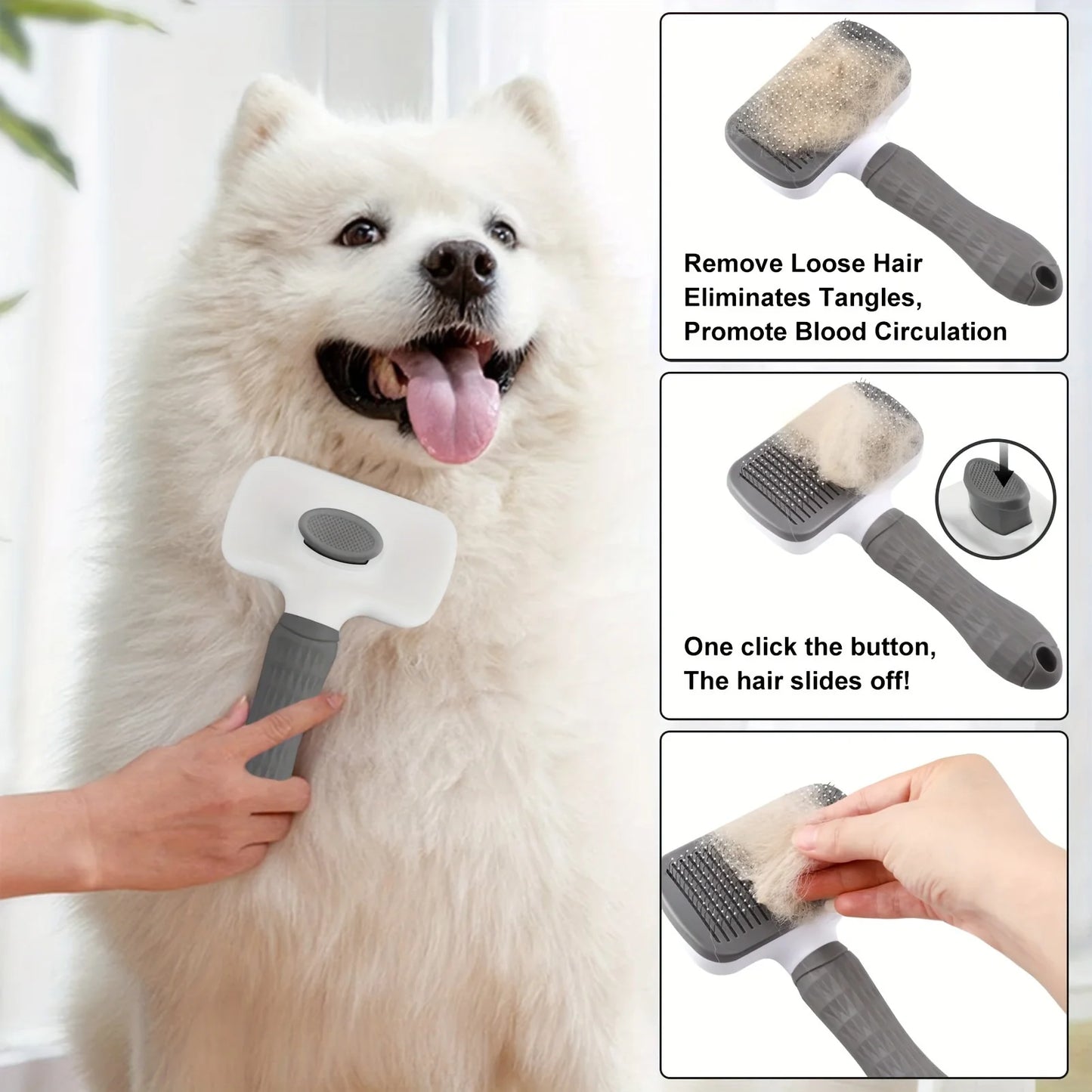 Self-cleaning brush for removing pet hair, hair removal brush for cats and dogs, pet grooming accessories.