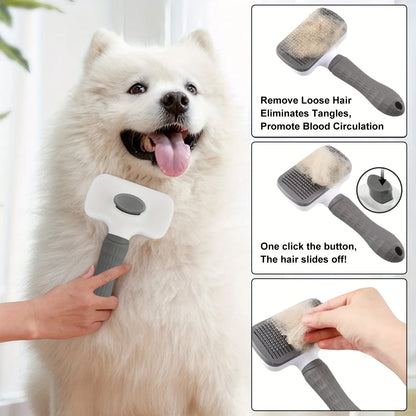 Self-cleaning brush for removing pet hair, hair removal brush for cats and dogs, pet grooming accessories.