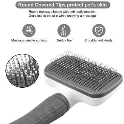 Self-cleaning brush for removing pet hair, hair removal brush for cats and dogs, pet grooming accessories.